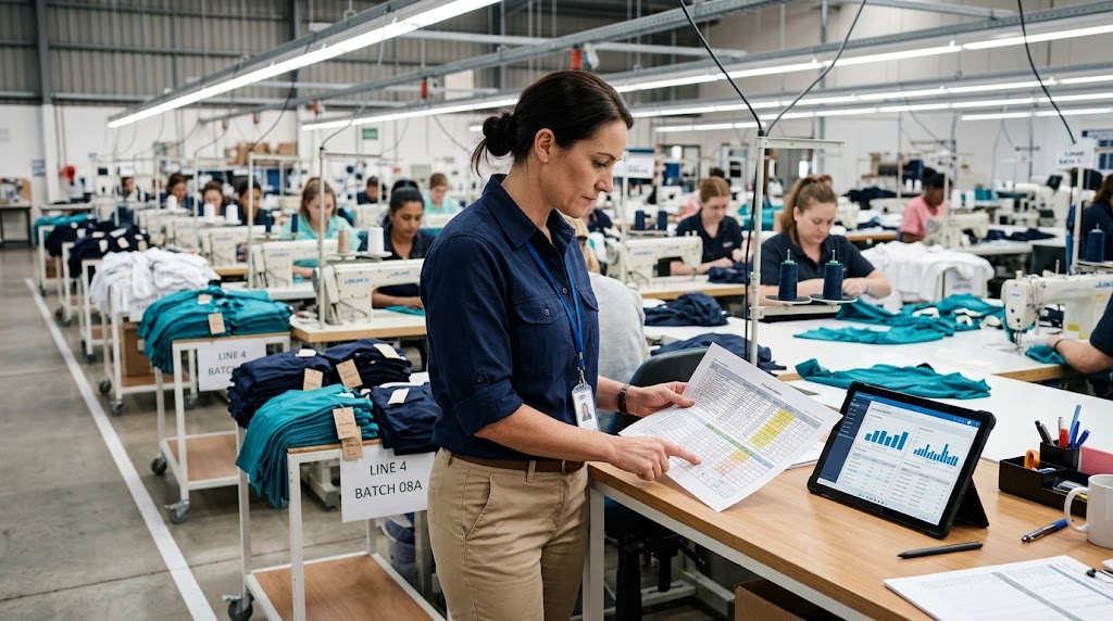 Production planning supervisor reviewing a schedule inside a garment factory