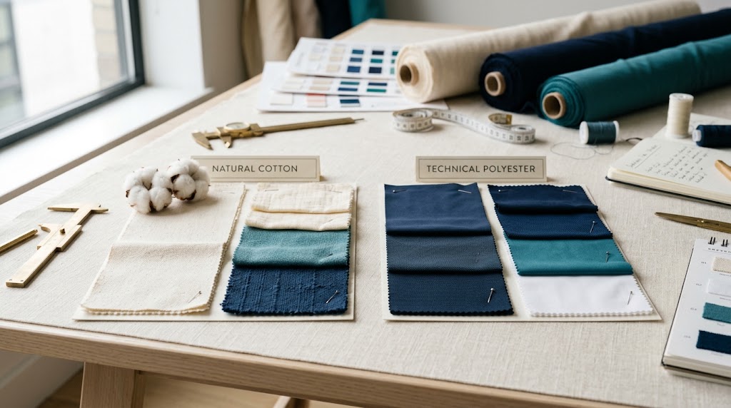 Cotton and polyester fabric swatches displayed side by side for textile comparison