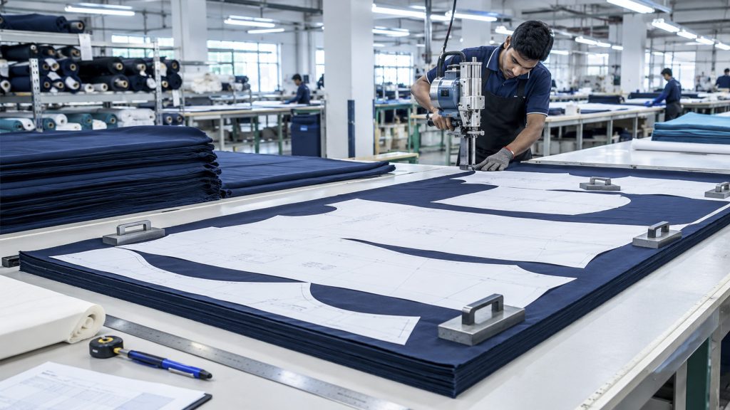 Fabric spreading and cutting process in a garment manufacturing factory