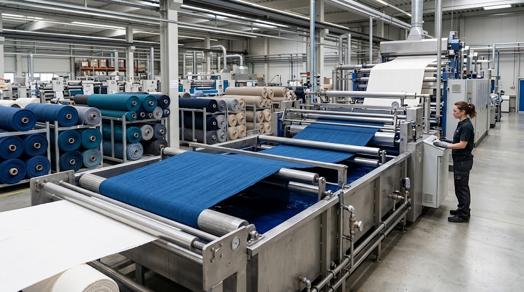 Fabric rolls being processed in an industrial textile dyeing facility