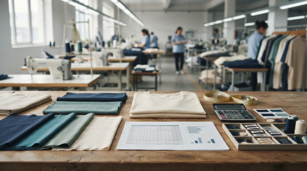 Garment costing workspace with fabric swatches, a T-shirt, calculator and garment specification sheets