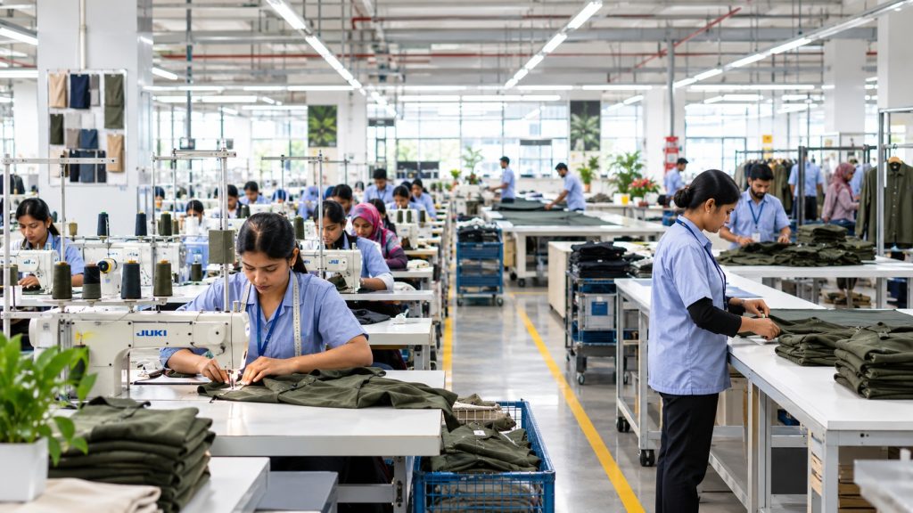 Garment manufacturing process in a modern apparel factory