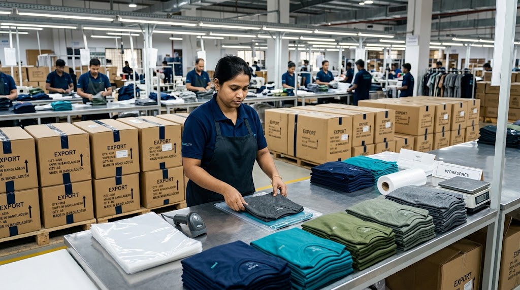 Workers folding and packing finished garments at an apparel factory packing station