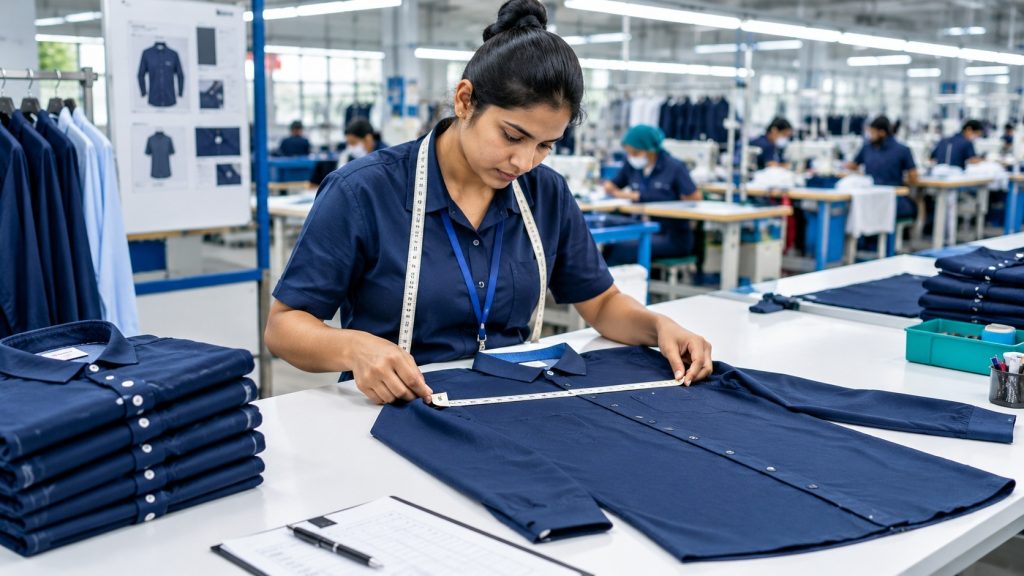 Quality inspector checking garment measurements and stitching in an apparel factory