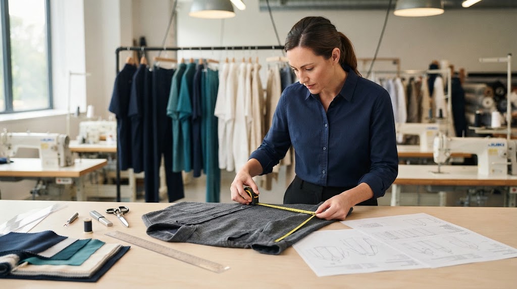 Garment sample development technician checking a sample shirt with a measuring tape