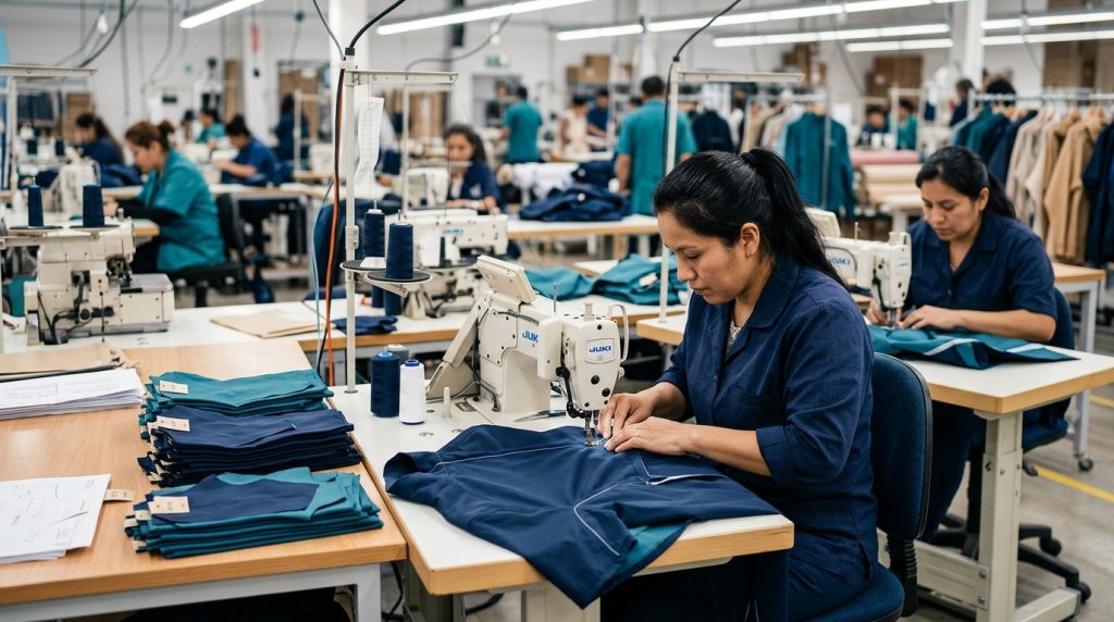 Garment operators sewing fabric panels on industrial sewing machines in an apparel factory