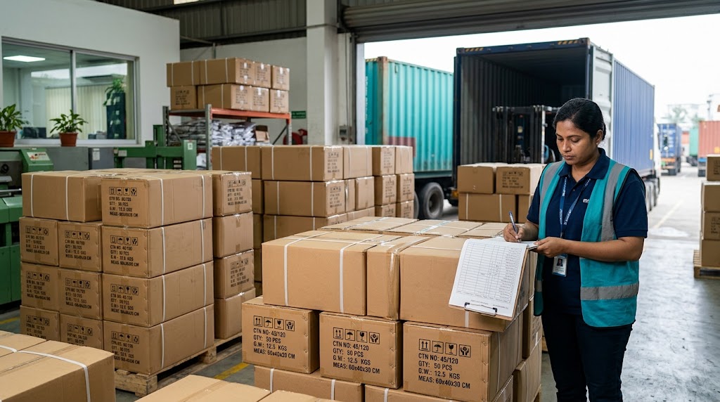 Export cartons being checked by a logistics worker in a garment factory dispatch area