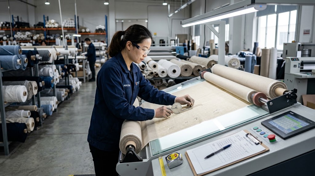 Textile fabric inspector checking fabric quality on an inspection machine
