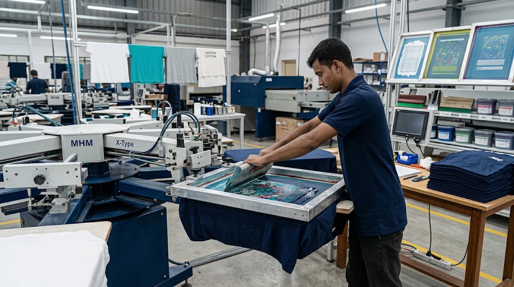 Textile printing machine applying a graphic design to a garment in an apparel factory