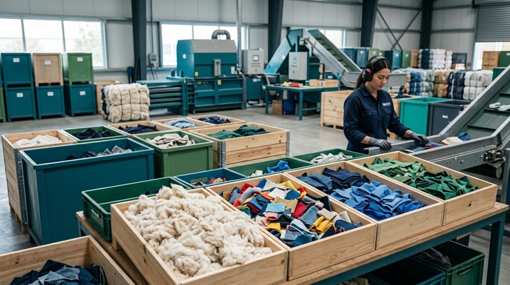 Sorted fabric scraps and recycled fibres at a textile recycling facility